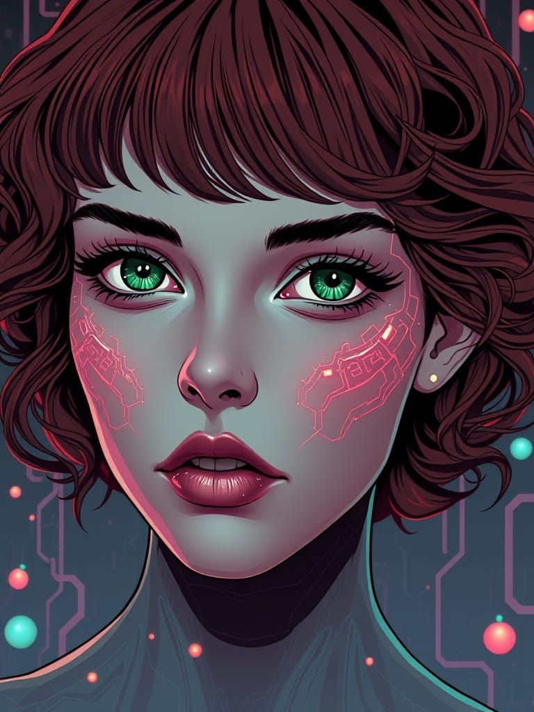 Woman with emerald green eyes and short auburn curly hair with bangs,