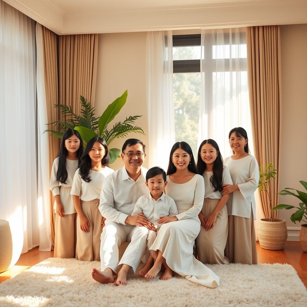 Warm Family Portrait in Softly Lit Room with Natural Sunligh...