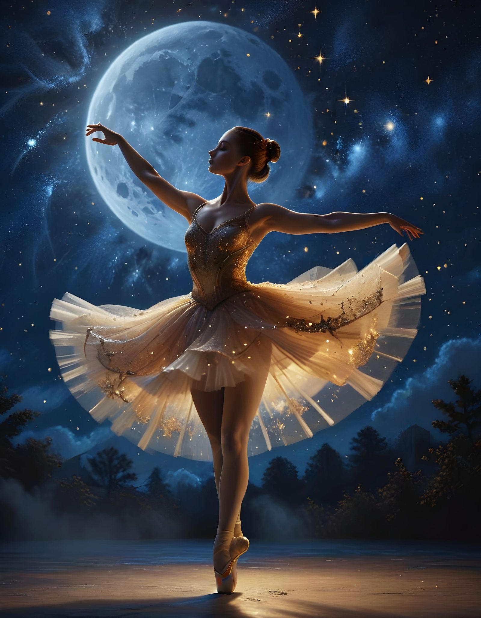 Ballerina Dancing Under a Magical Moonlit Sky