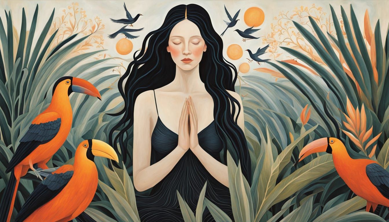 Woman in Serene Meditation with Tucans and Strelitzia Plants
