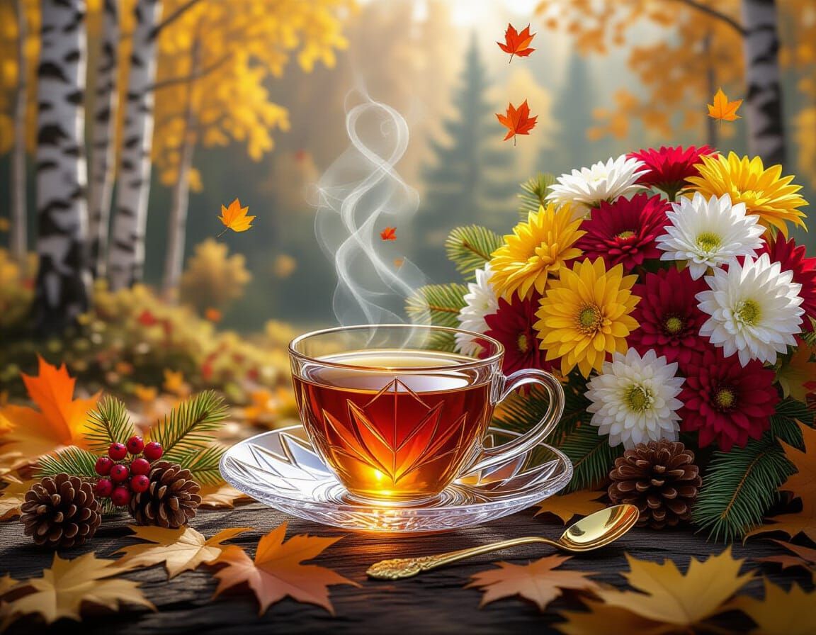Autumn Forest Scene with Crystal Cup and Steaming Tea