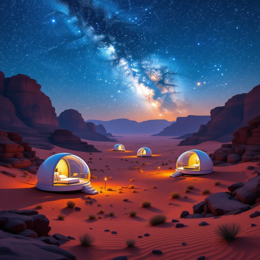 Wadi Rum Bubble Hotels Under Starry Sky as Digital Art