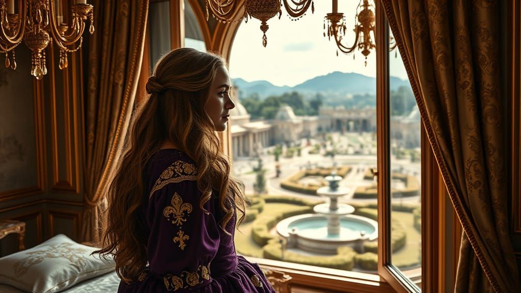 Elegant French Noblewoman Contemplates Castle Gardens in Gol...