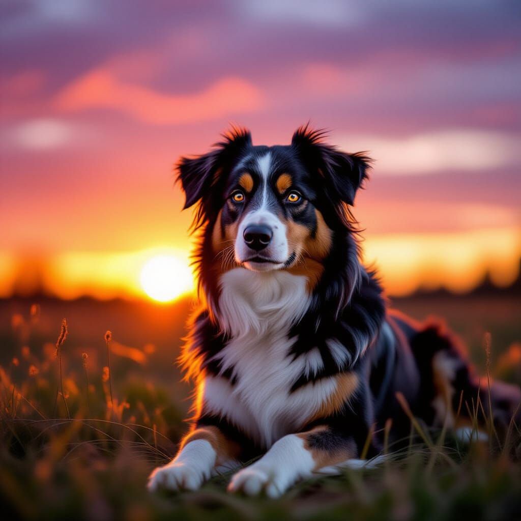Loyal Australian Shepherd at Sunset in Photochemical Style
