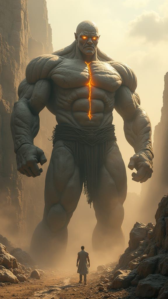 Colossal Stone Titan Emerges in Dust and Light