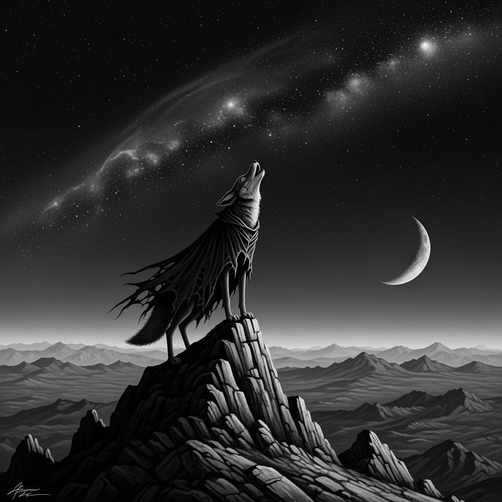 Coyote Howling at Starry Sky: Doré Style