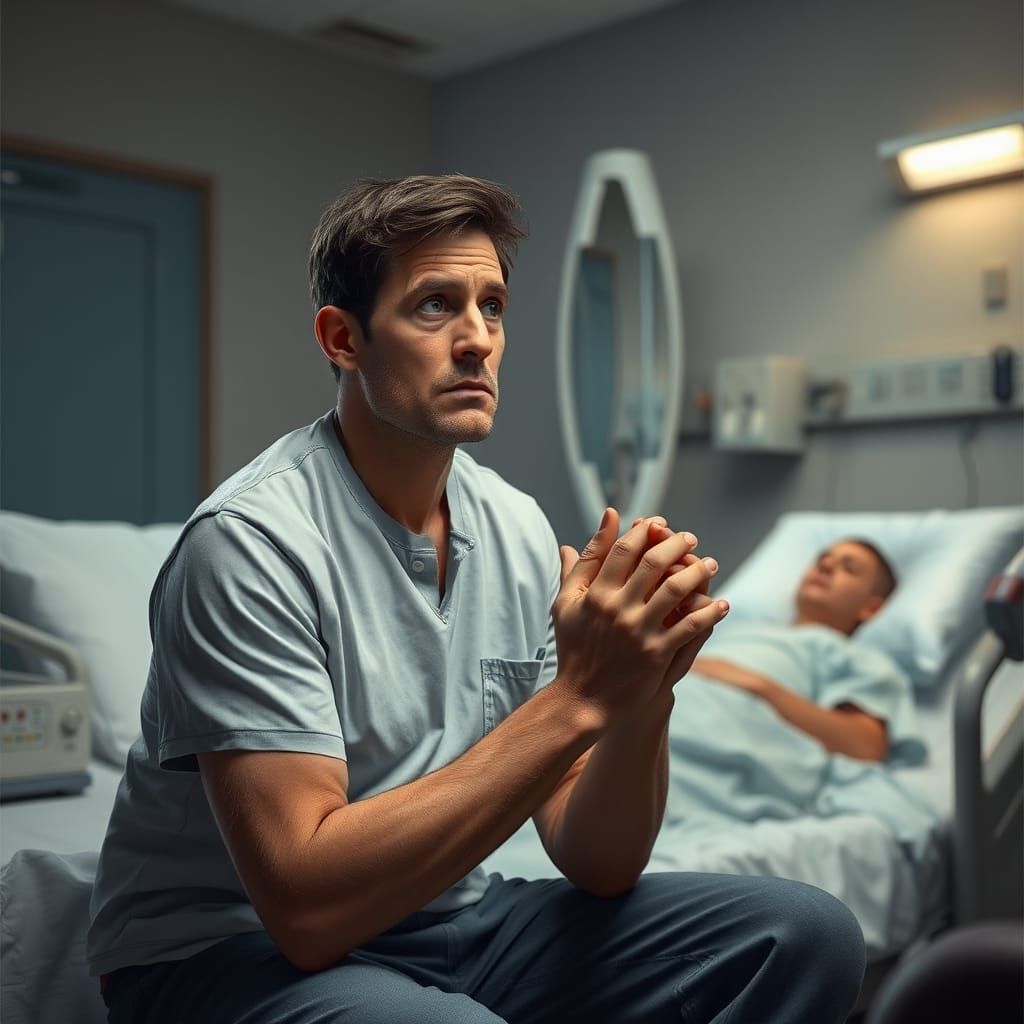 Worried Man in Hospital Waiting Room