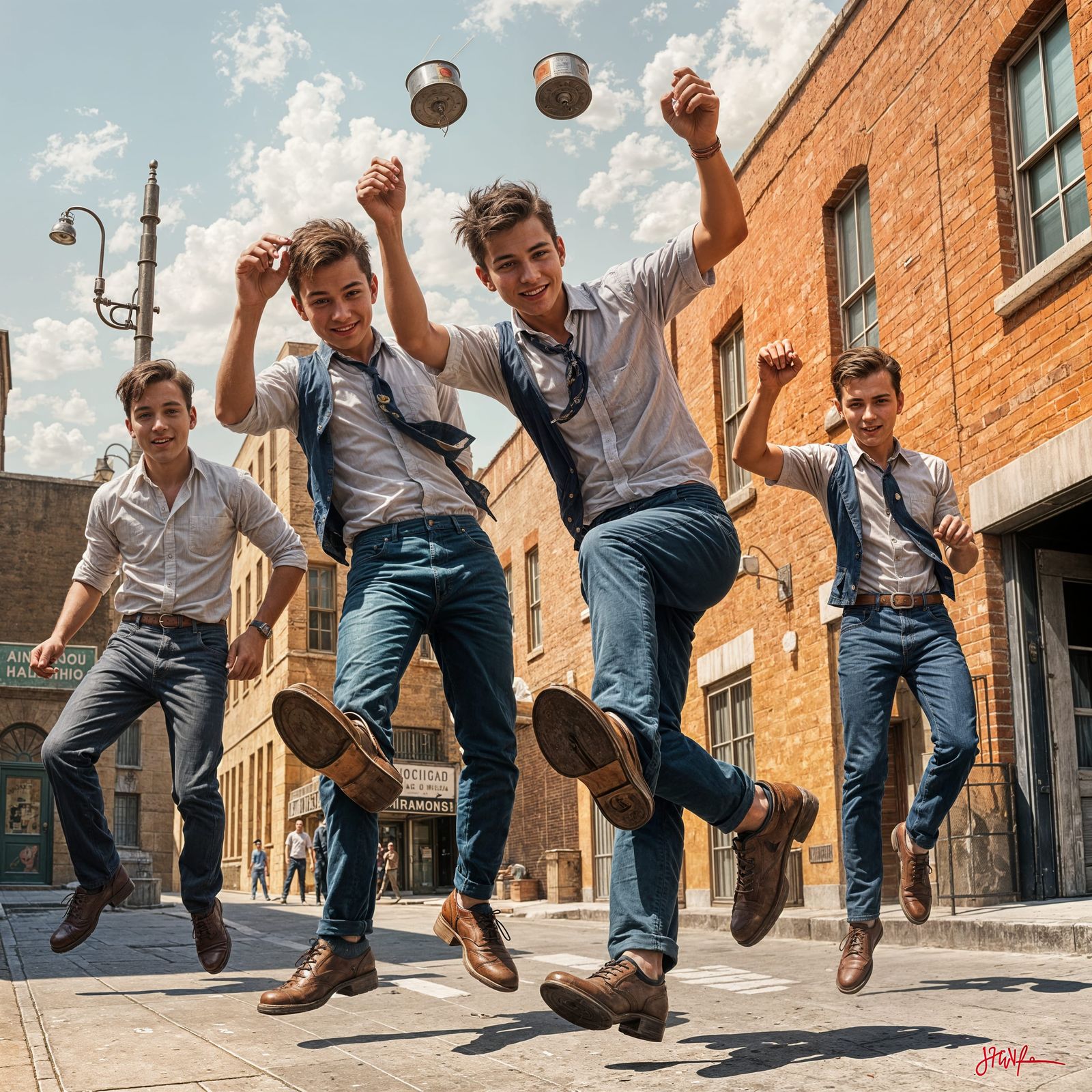 Gentlemen Playfully Kick Old Tin Cans in a Vibrant, Miro-Ins...