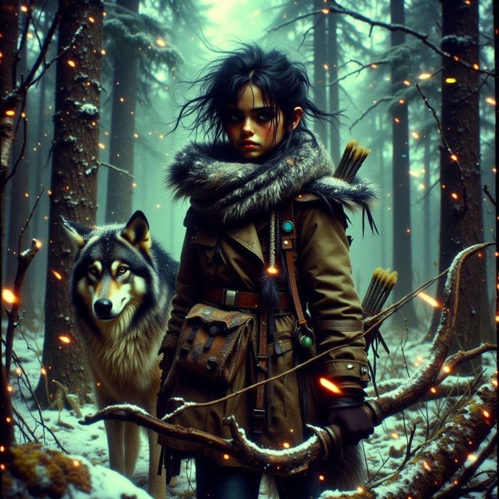 Girl and Wolf in Abstract Pine Forest