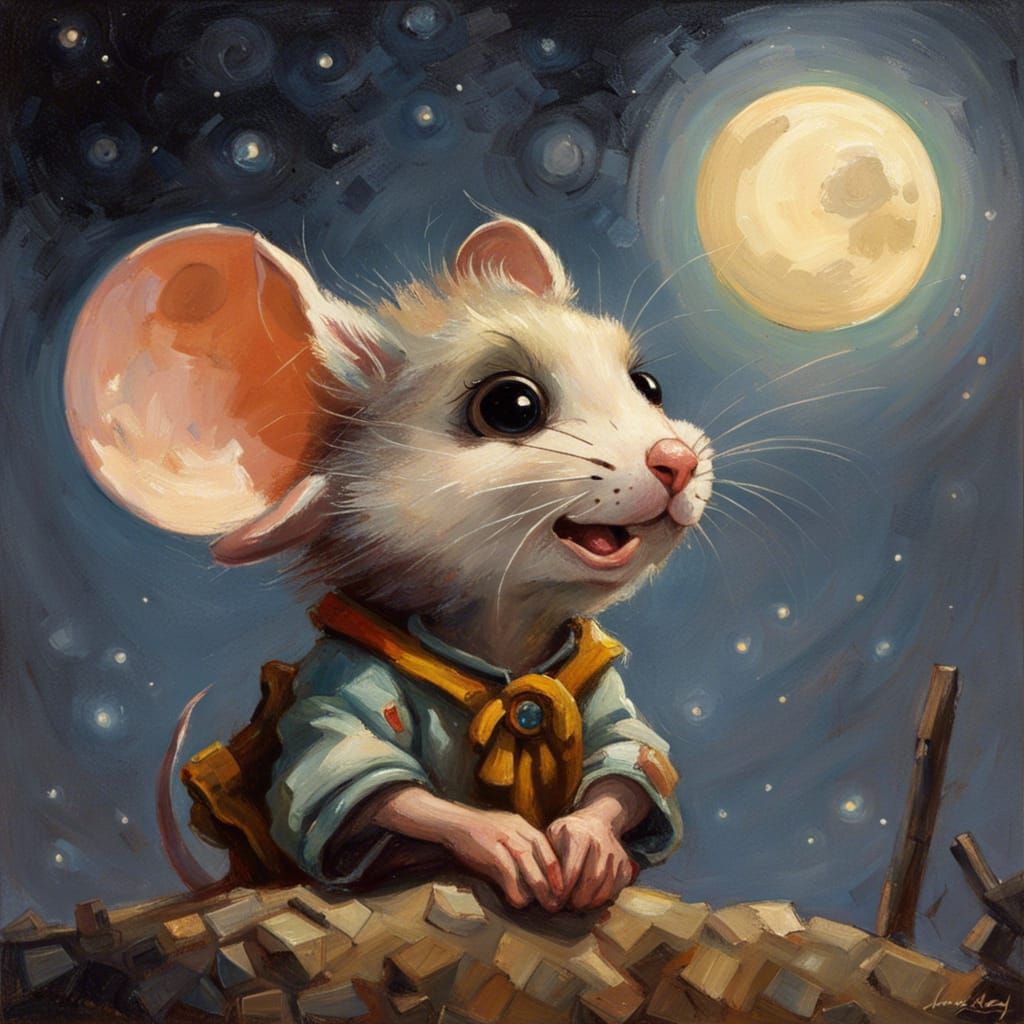 Cute Mouse Gazing at Moon, Oil Painting