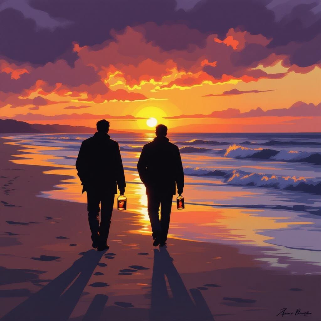 Man Contemplating Dusk on Beach with Whisky
