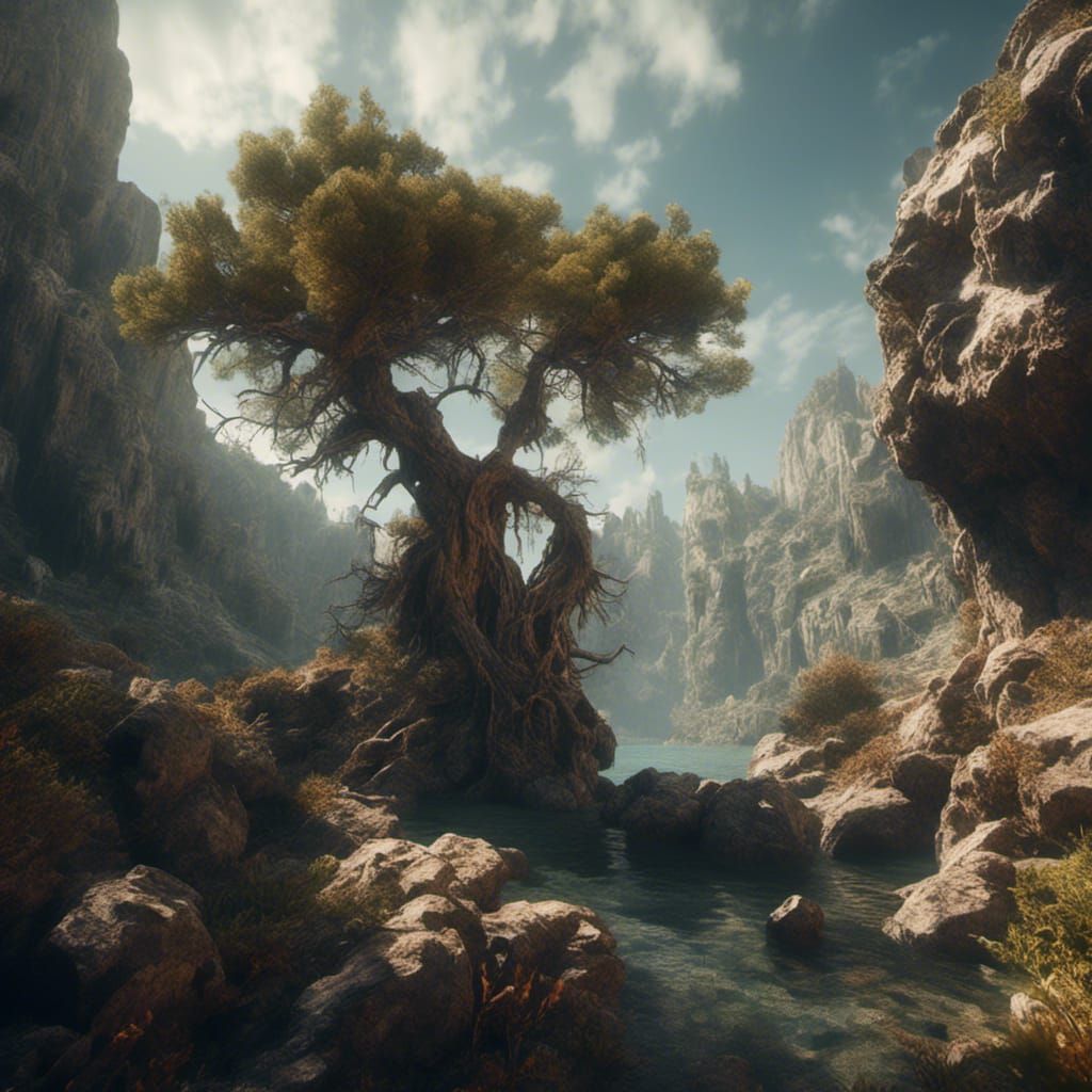 Juniper Tree Spanning Rocky Gorge in Seaside Landscape