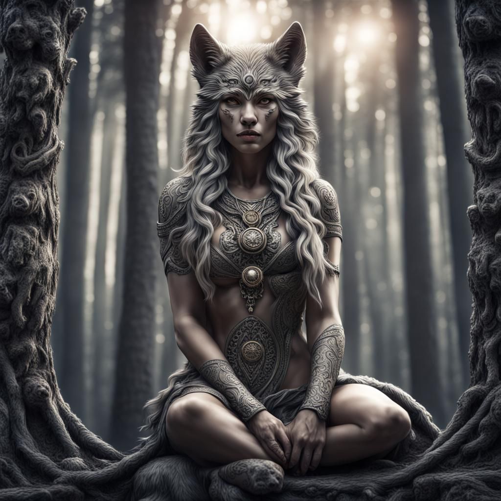 Hyperrealistic Wolf Goddess in Cinematic Lighting
