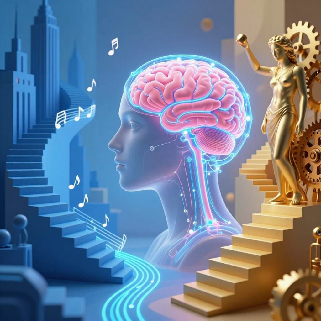 Transparent Woman's Head with Neon Brain & Escher Stairs