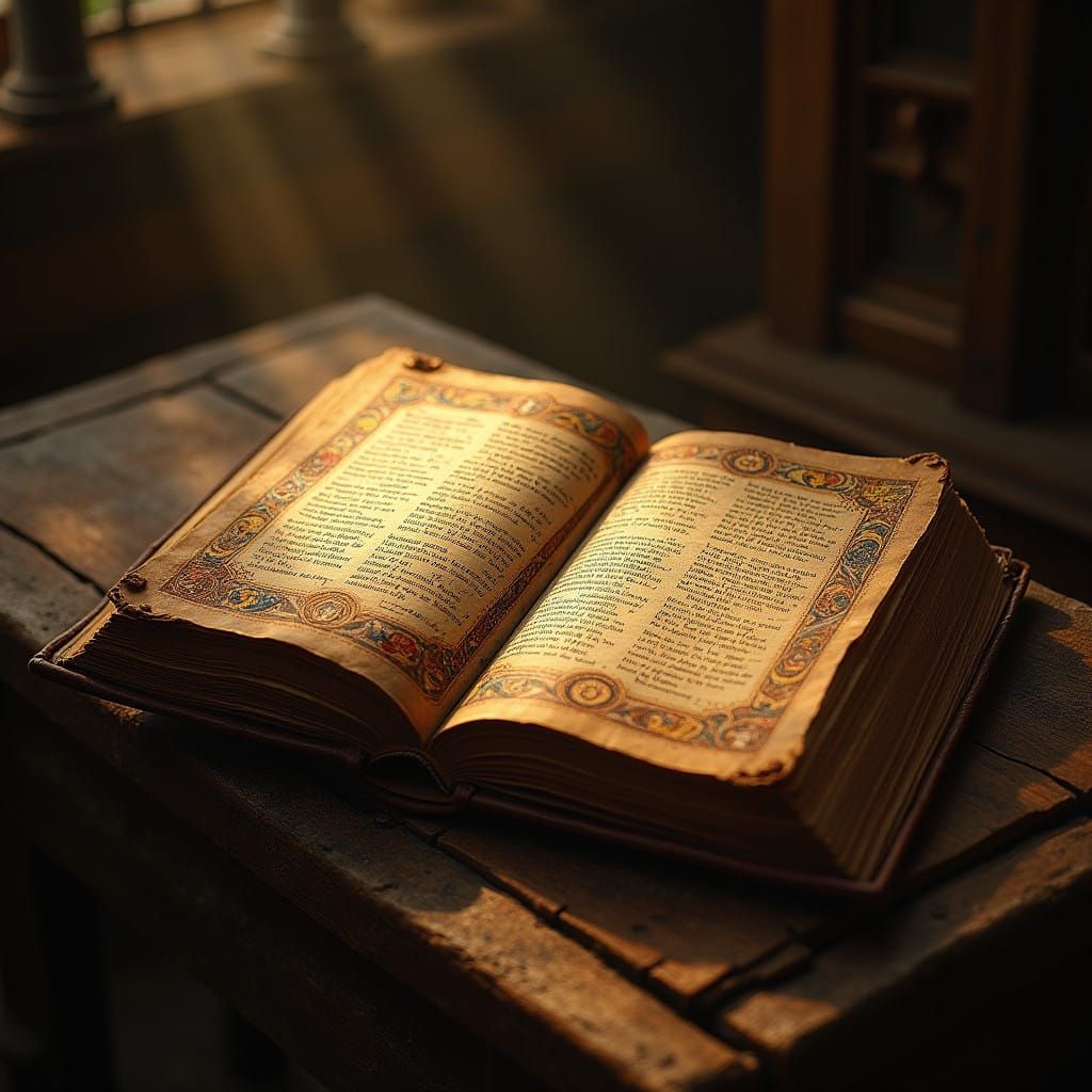 Ancient Illuminated Bible on Worn Wooden Altar