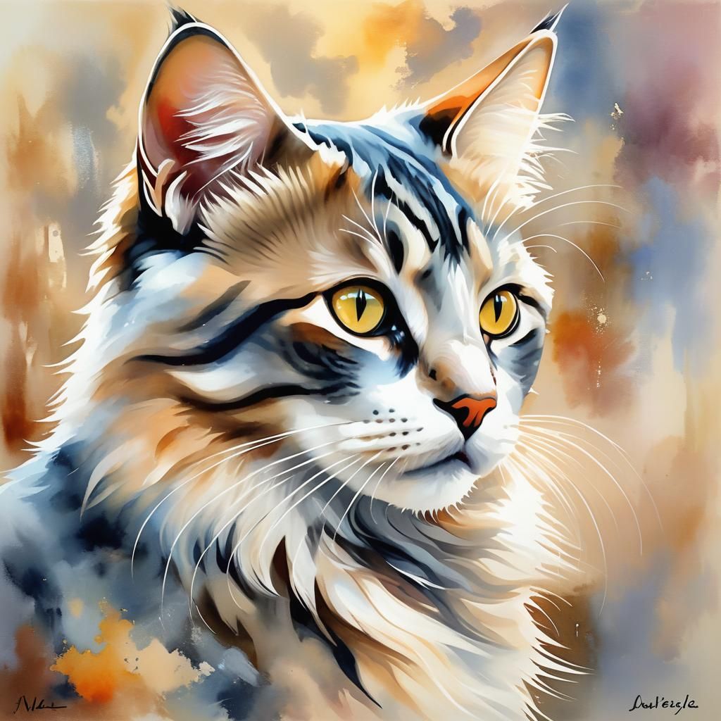 Serene Cat Painting with Soft Warm Light
