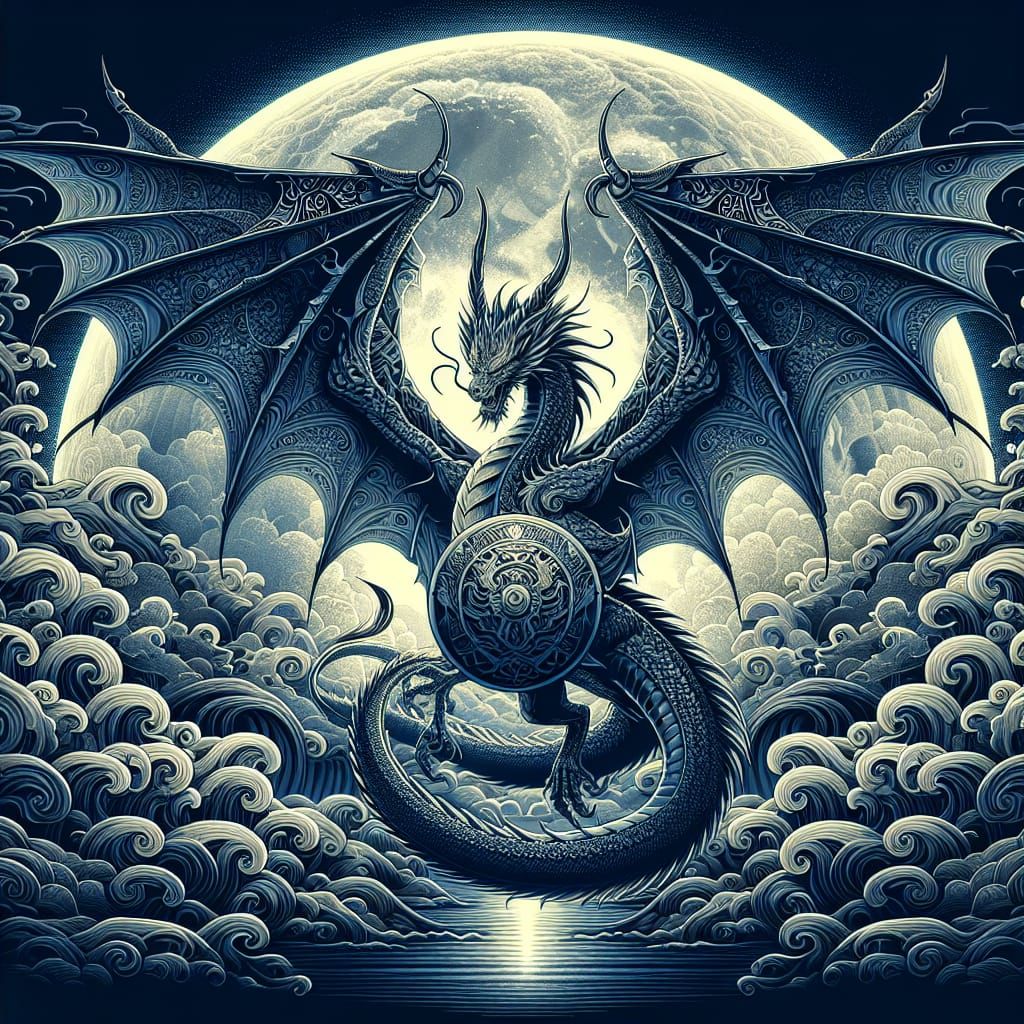 Dragon Gripping Shield Under Moonlight, Japanese Art