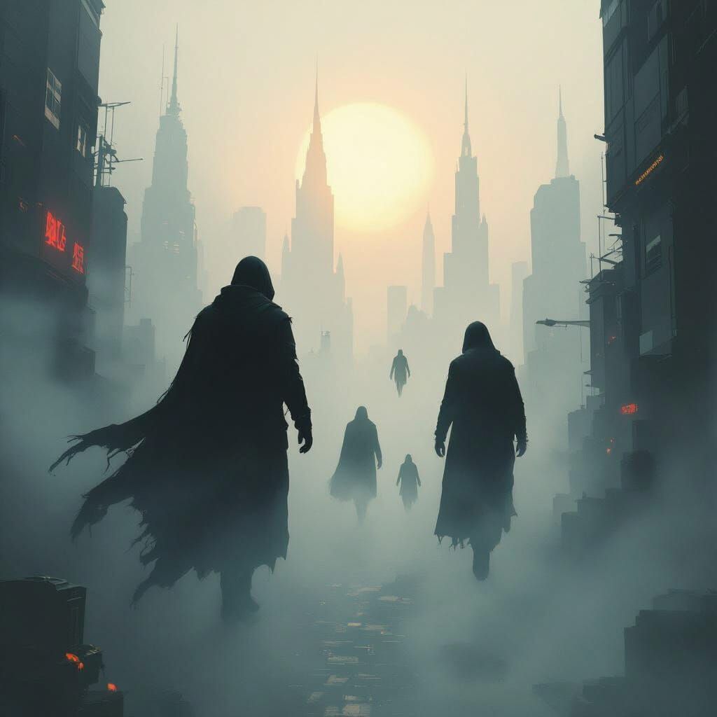Ominous Figures Fall Through Cyberpunk Cityscape