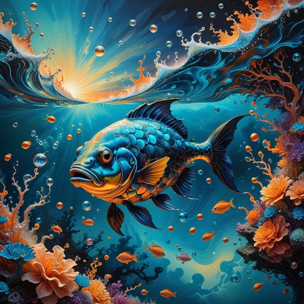 Surreal Humu Fish in a Dreamlike Fractal Abyss