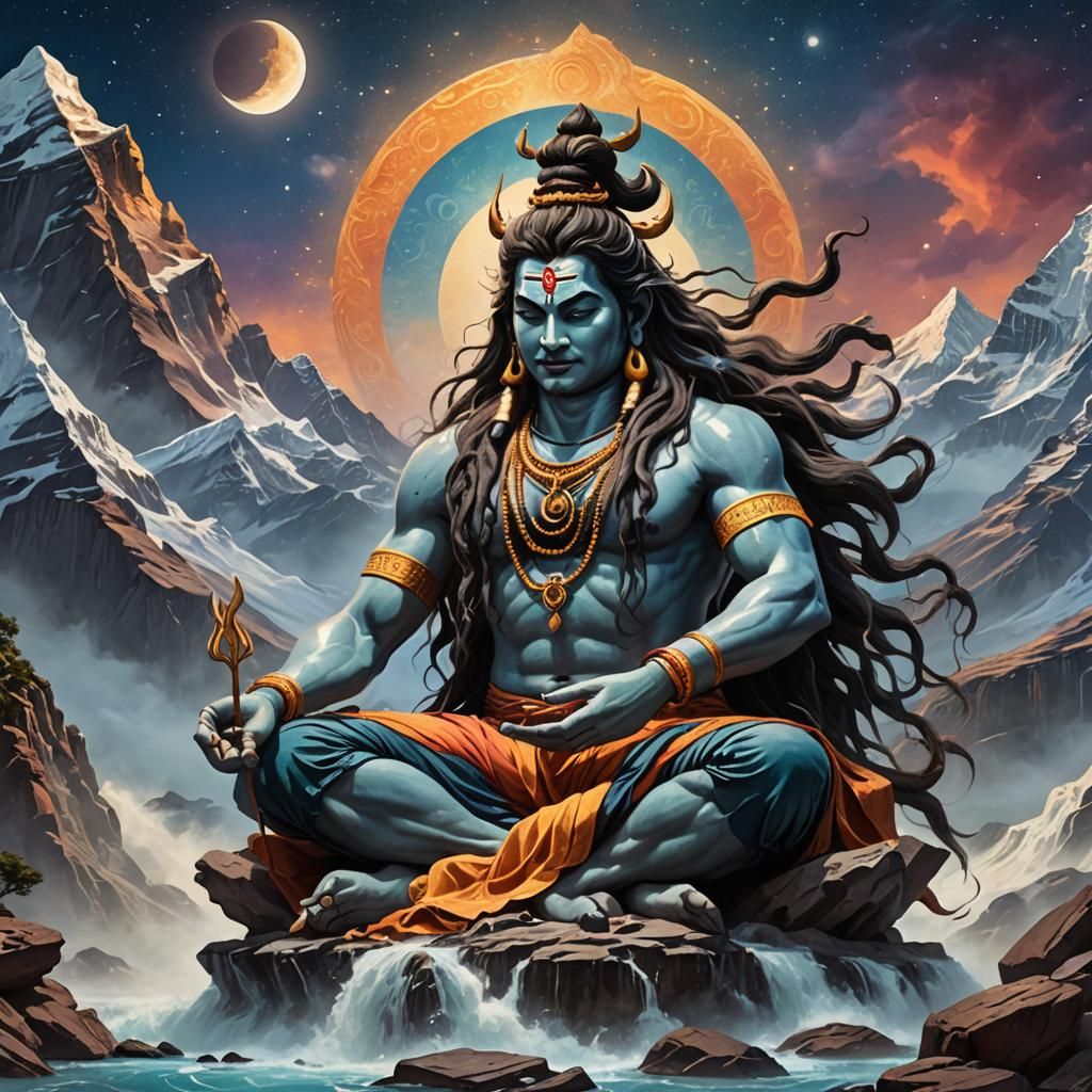 Lord Shiva Meditating on Mount Kailash: Digital Art