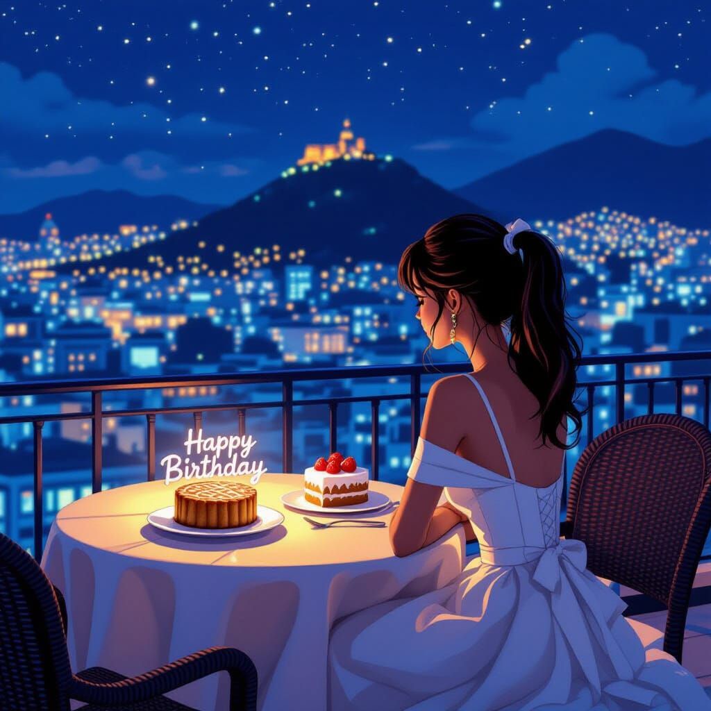 Schoolgirl Enjoys Birthday Cake on Rooftop Overlooking City