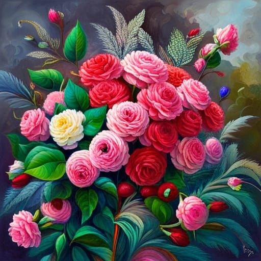 Baroque Ruby Roses with Emerald Leaves