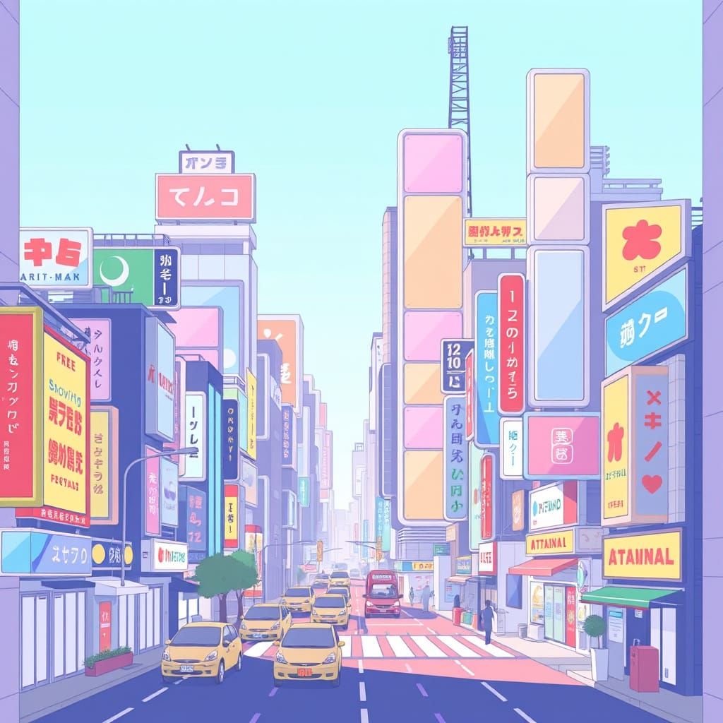 Pastel Shibuya 109 in Vibrant Cubist Style