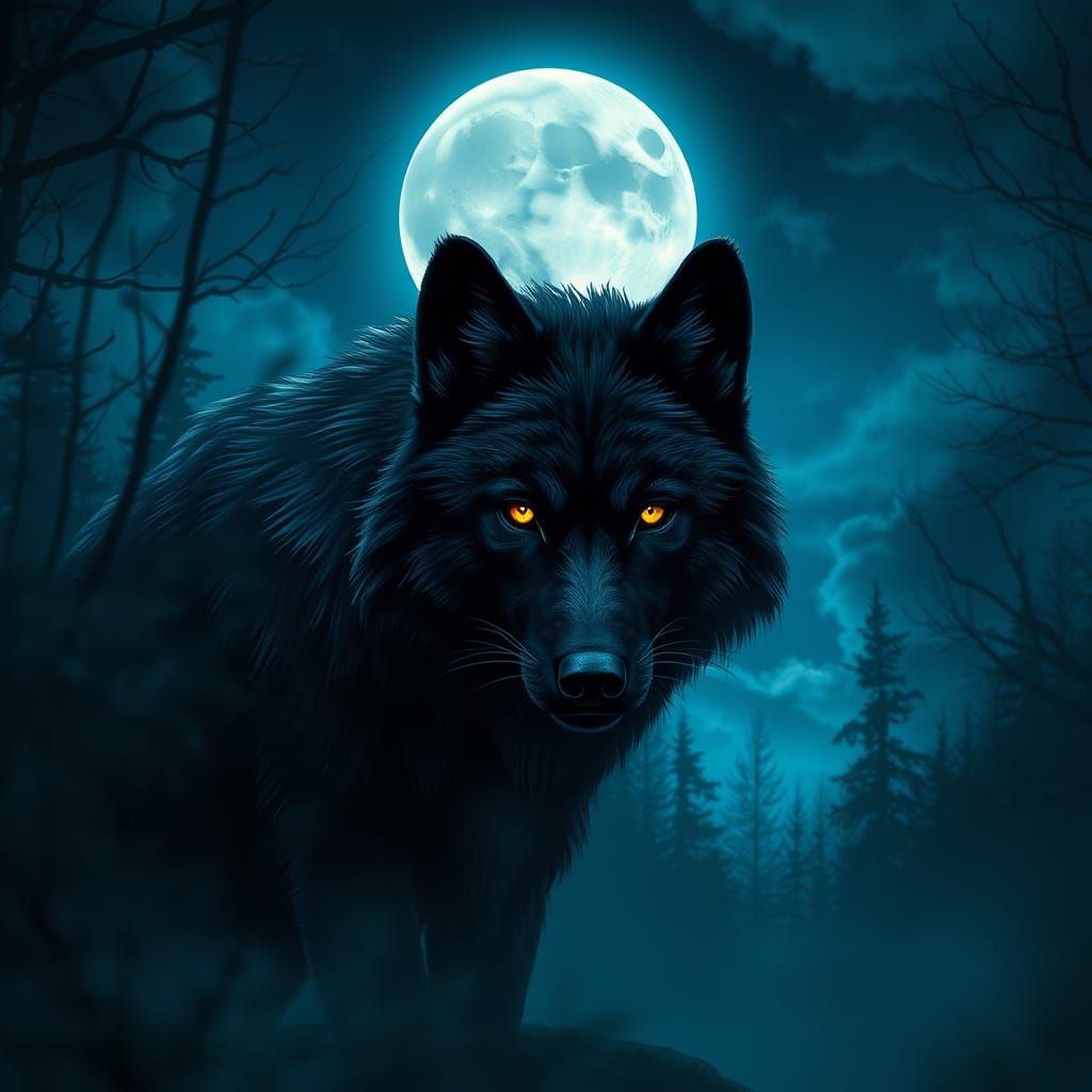 Majestic Black Wolf Emerges from Moonlit Forest in Electric ...