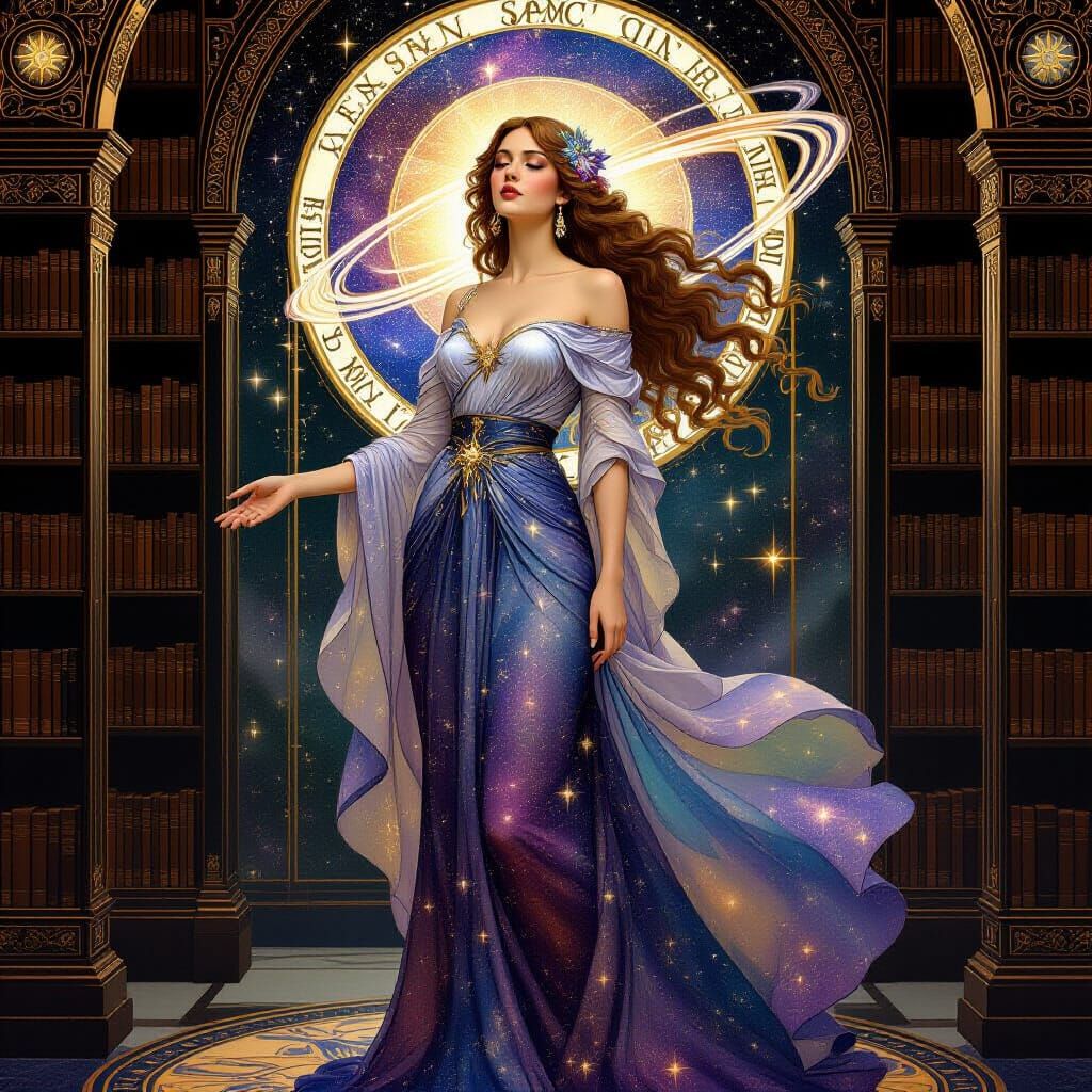 Goddess with Galaxy Hair in Cosmic Library