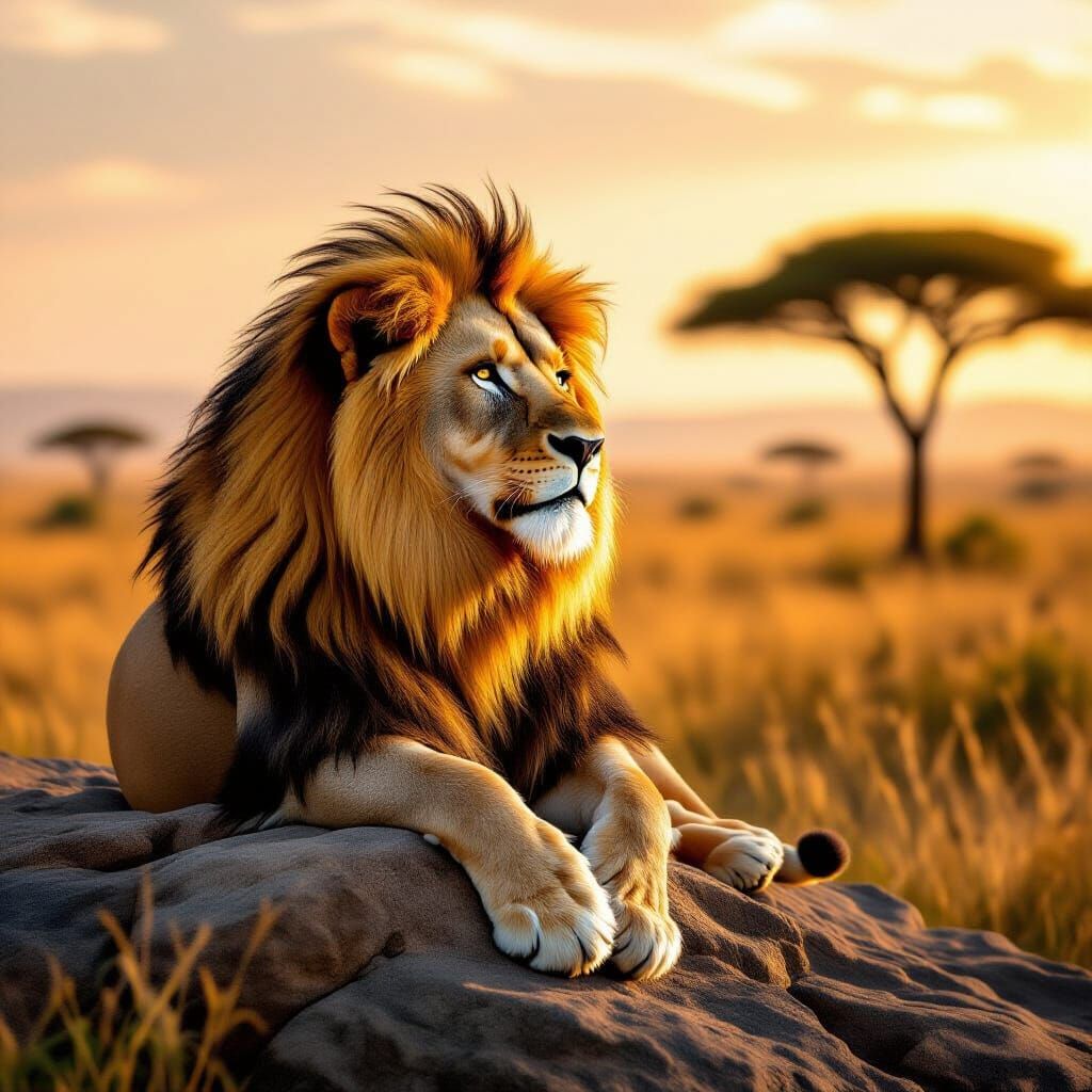 Golden Lion Overlooking African Savanna