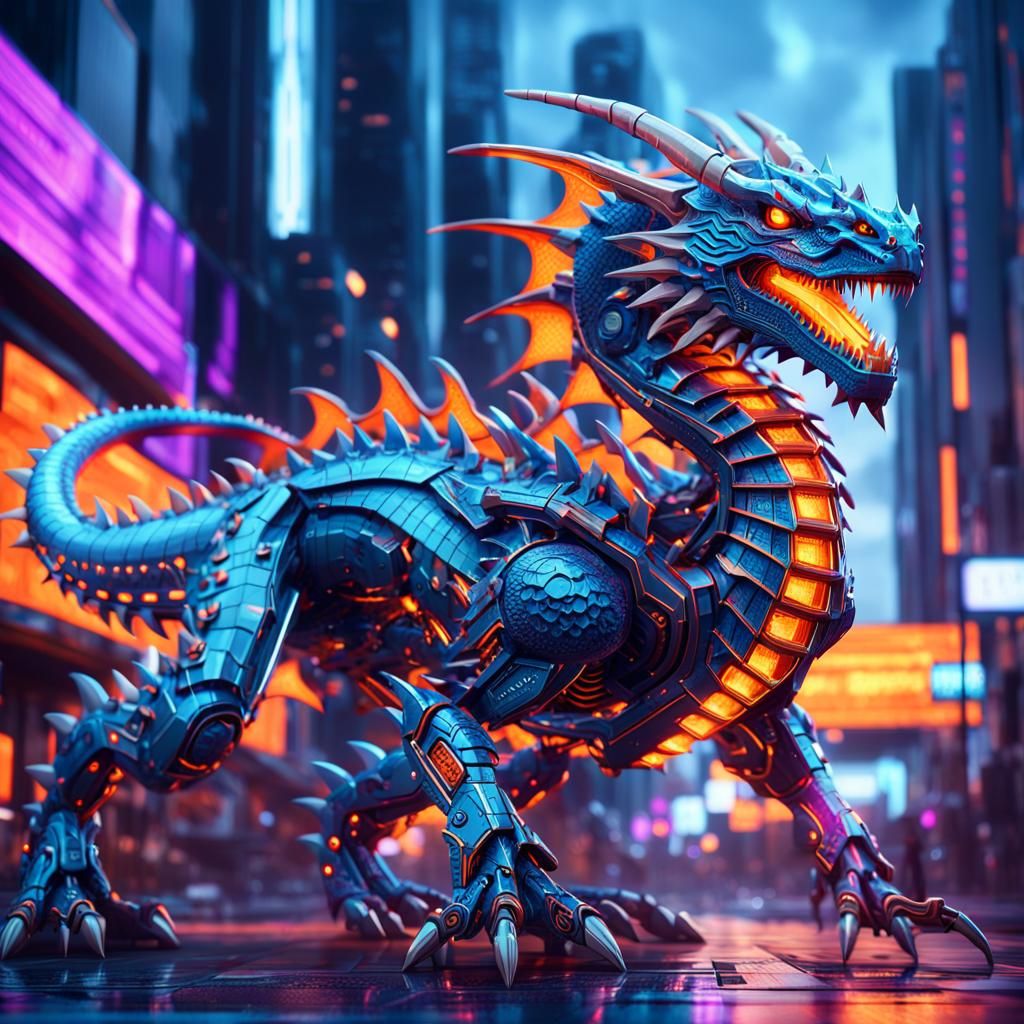 Blue Mech Dragon in Futuristic Cityscape