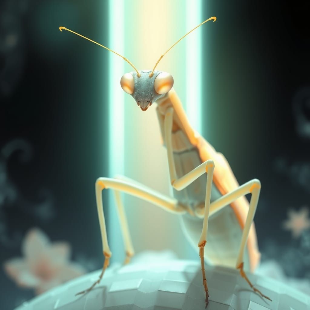 Ethereal Moonstone Mantis in Dreamy Art Nouveau Landscape
