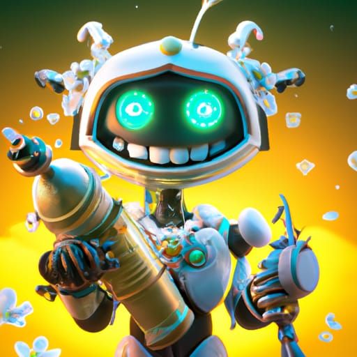 Smiling Cyborg with Gun in Pixar-Style 3D Art