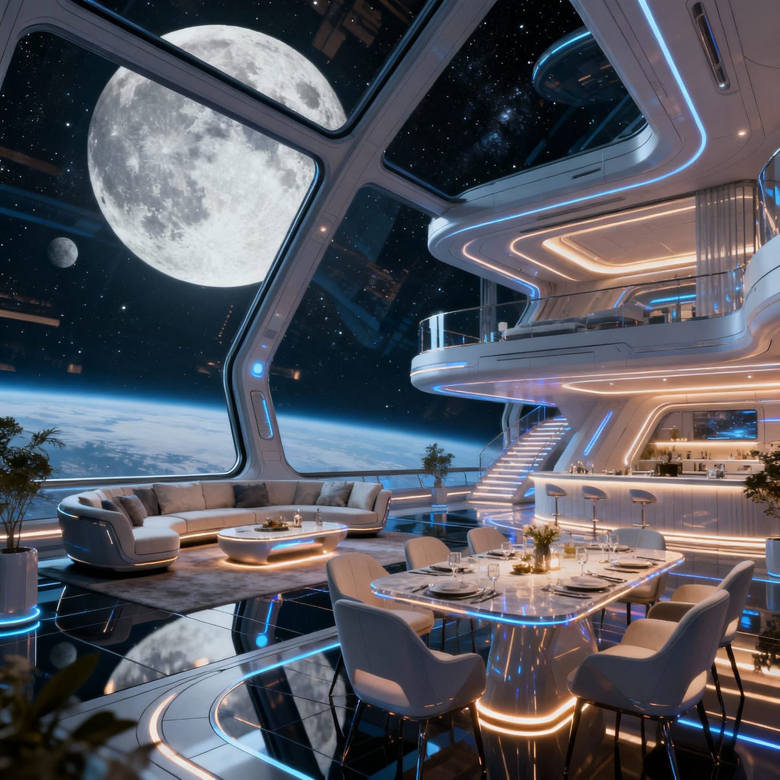 Futuristic Orbital Hotel Suite with Moon Views