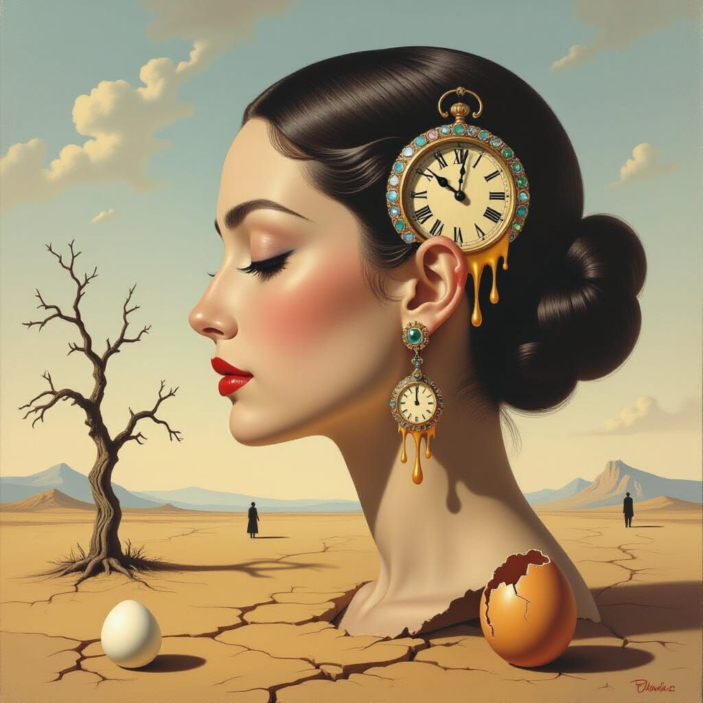 Surrealist Woman with Melting Clock Earring