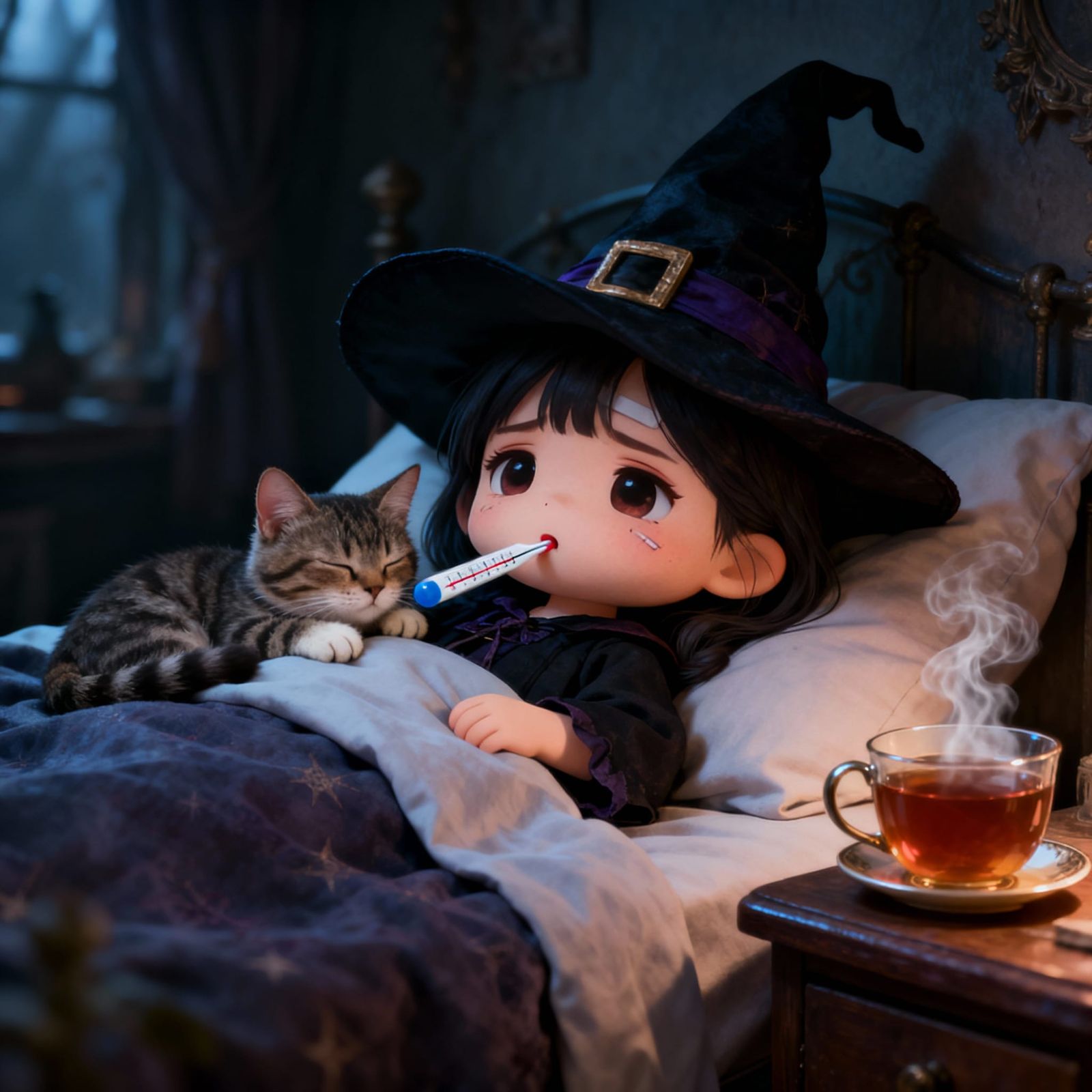 Chibi Witch Sick in Bed with Cat and Tea