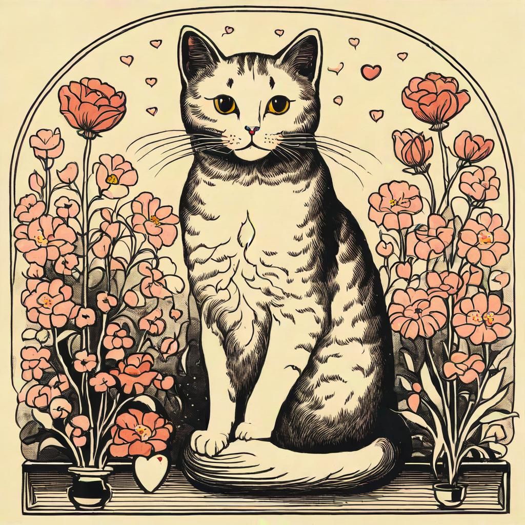 Whimsical Neo-Impressionist Cat Surrounded by Blooms
