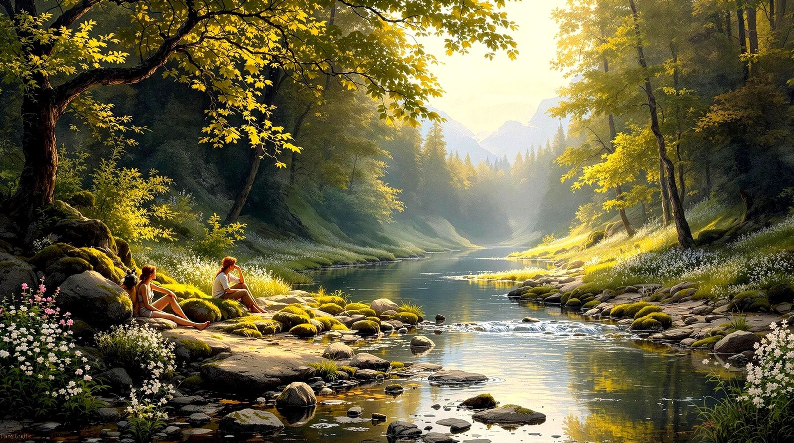 Rest by the Brook: Landscape Painting in Gude Style