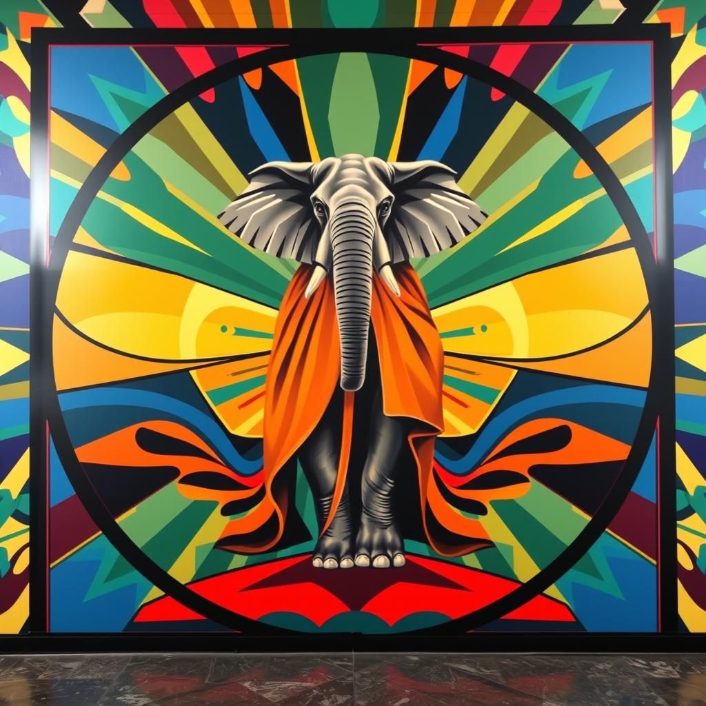 A vibrant Art Deco sunburst mural, featuring bold geometric ...
