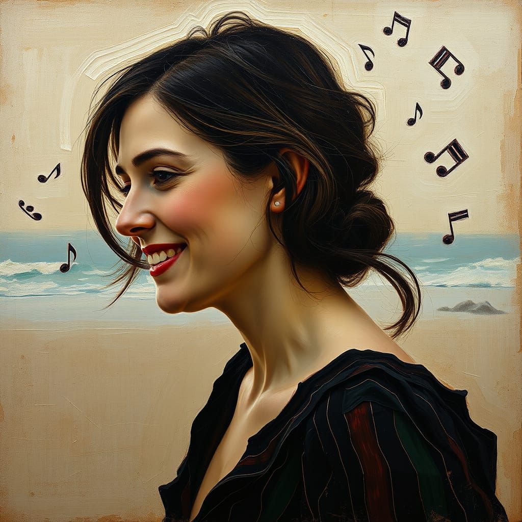 Woman on Beach with Music, Neo-Impressionist Oil Painting