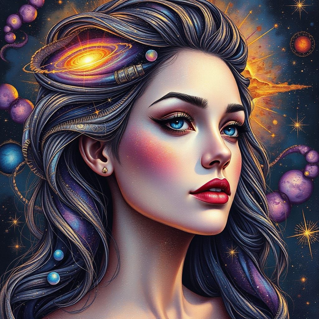 Celestial Goddess with Astral Hair in Shimmering Hues