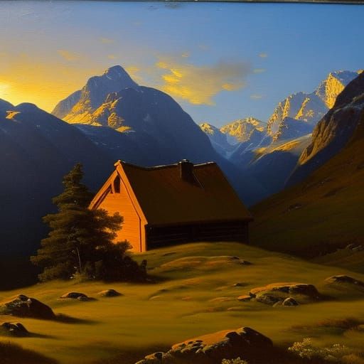 Cabin at Sunset in Norwegian Mountains