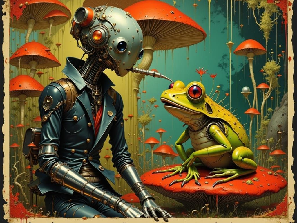 Melancholy Robot Confides in Frog in Art Nouveau Style