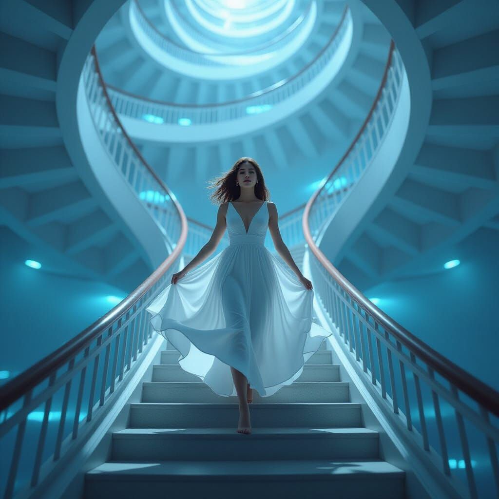 Woman in Endless Staircase Vortex, Surreal Digital Art