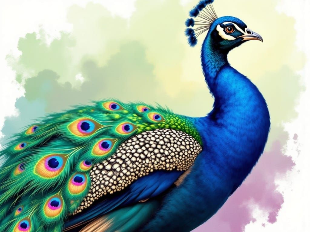 Regal Peacock Portrait in Vibrant Watercolor