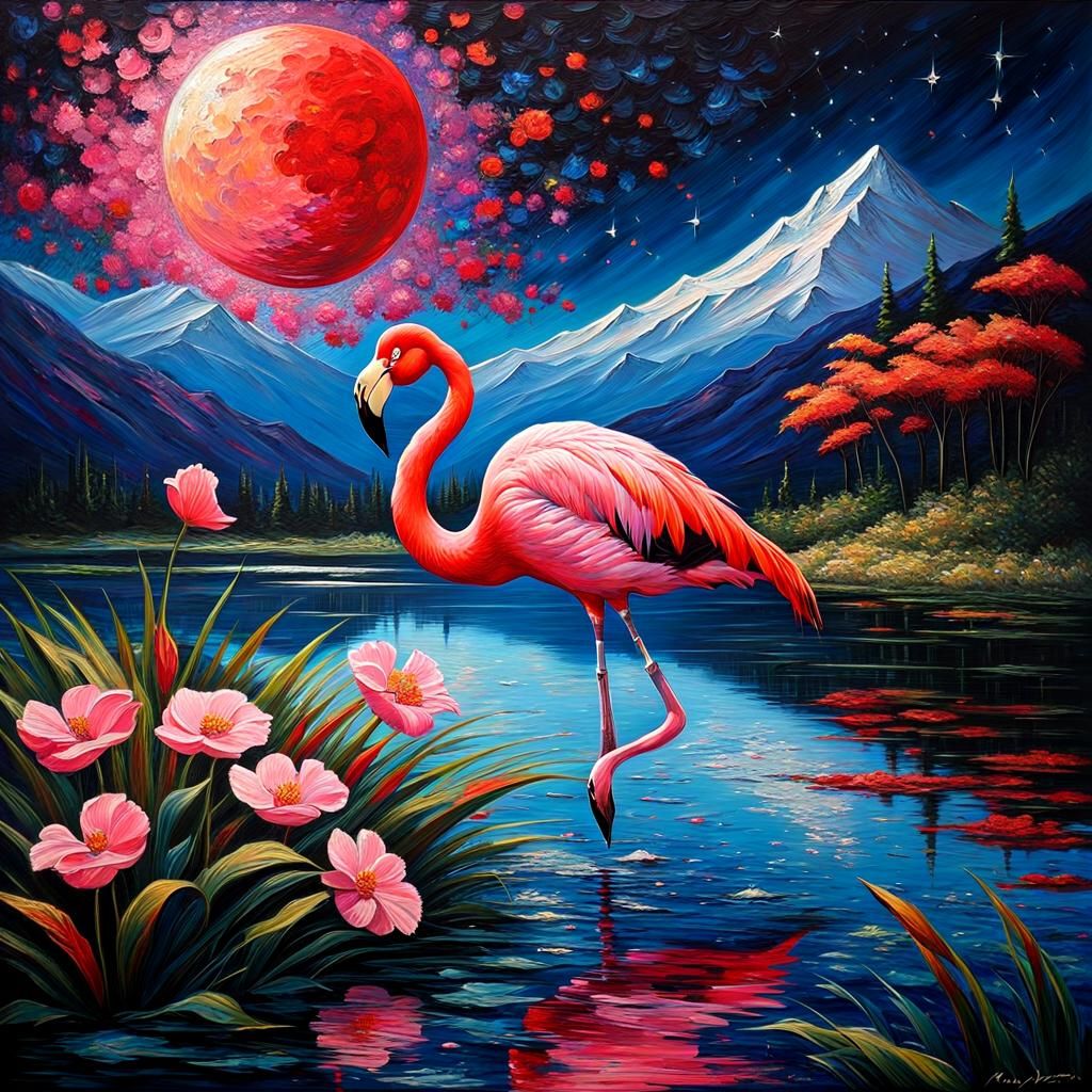 Flamingo Lakescape at Night: Impasto Palette Knife Painting