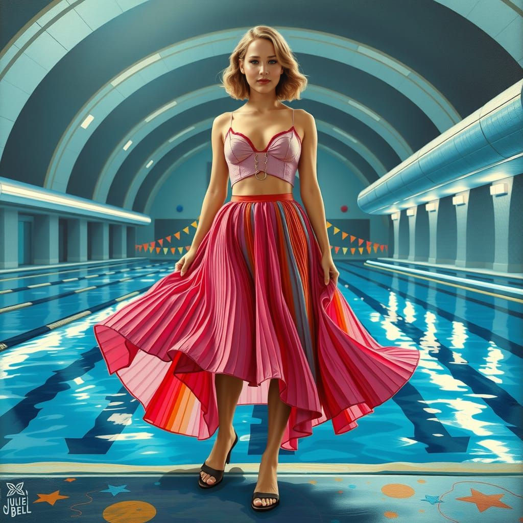 Retrofuturistic Goddess in Elegant Pleated Skirt