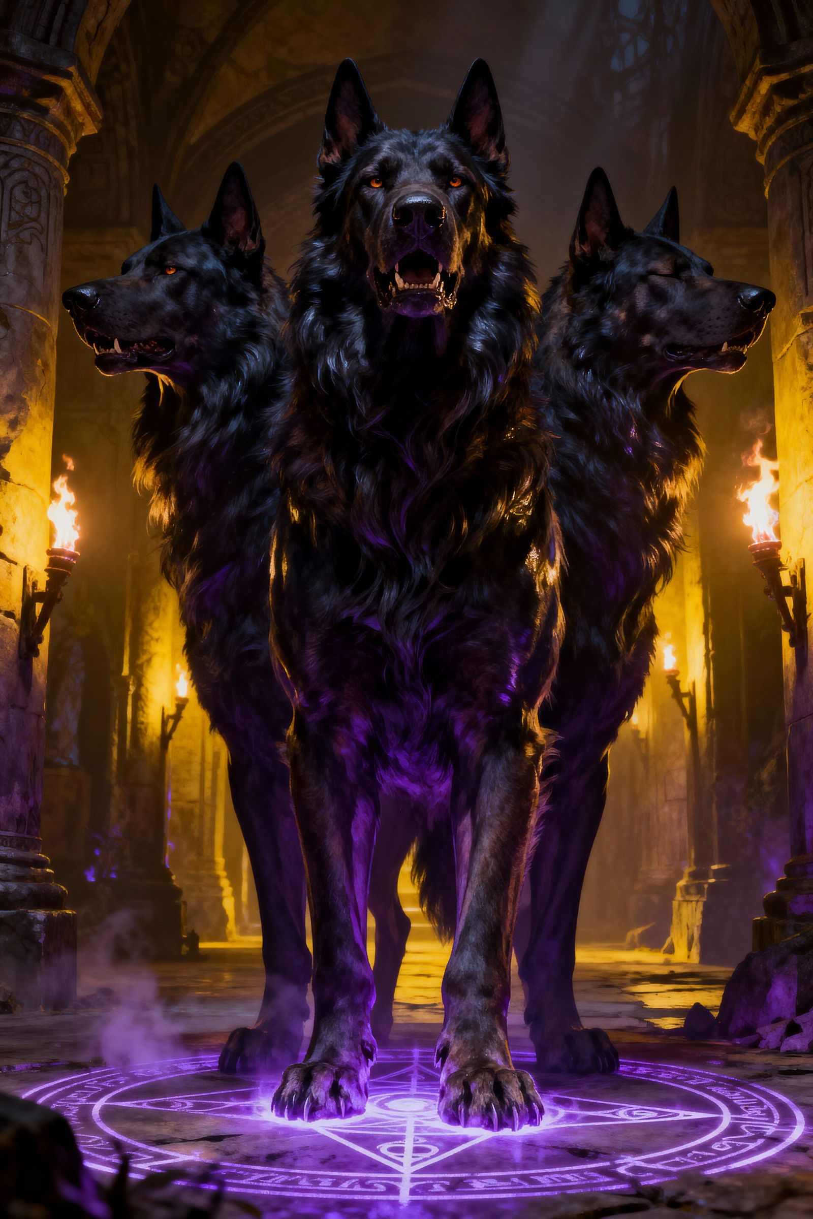 Three-Headed Dog Guardian in Ancient Chamber