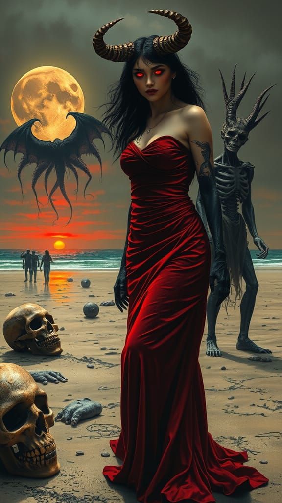 Crimson-Eyed Woman on Desolate Beach in Occult Style