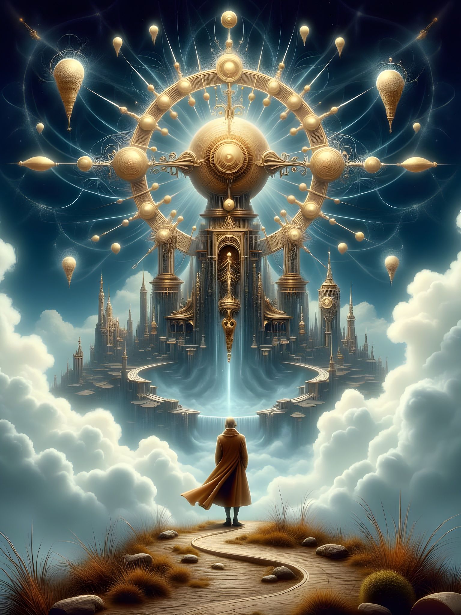 Steampunk Castle in the Clouds at Night